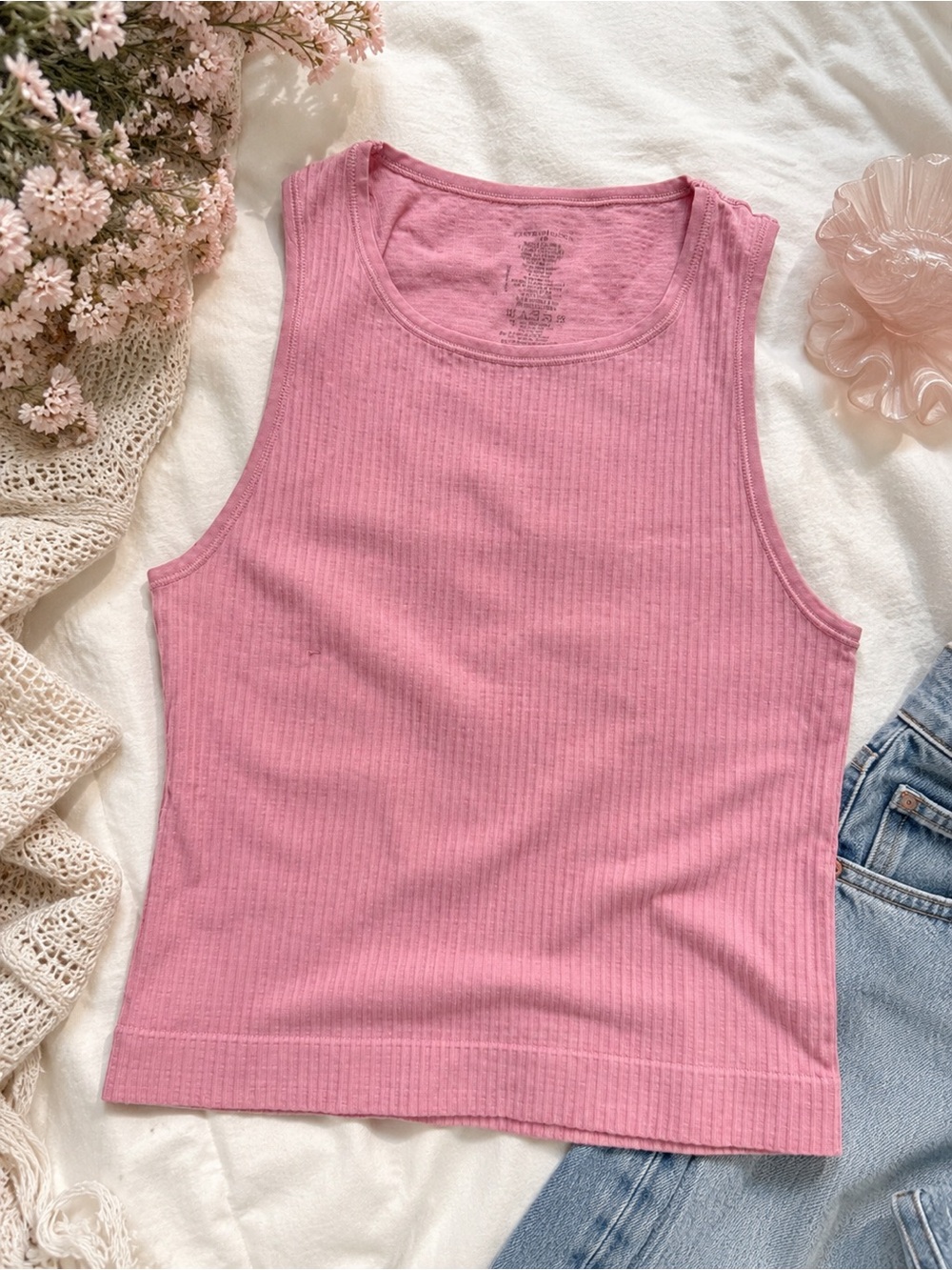 Anthropologie Pink Ribbed Tank Top Cottagecore Casual Size S